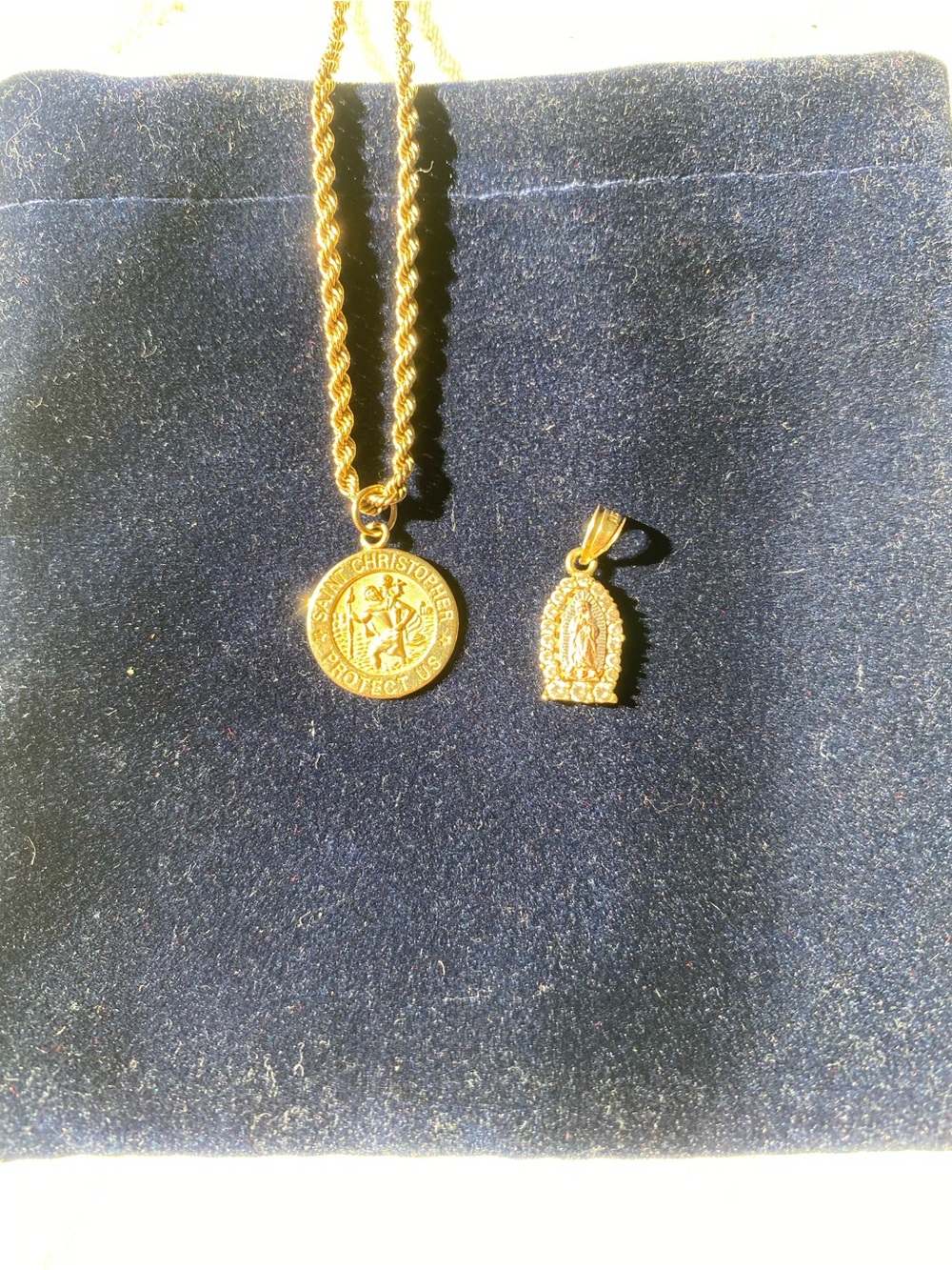Gold Saint Christopher & Virgin Mary Pendant Necklace Set 14K&10K